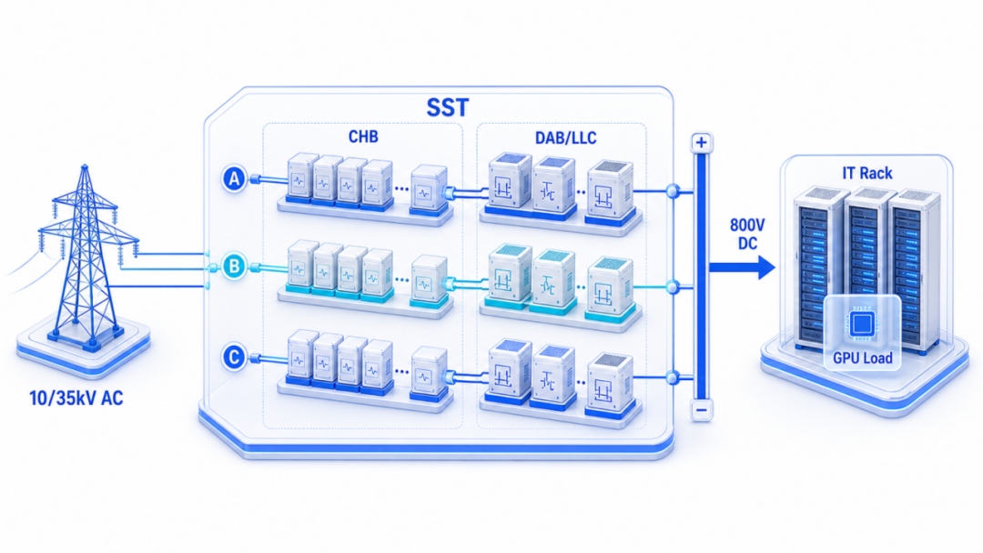 SST 从电网到数据中心负载的系统结构示意图